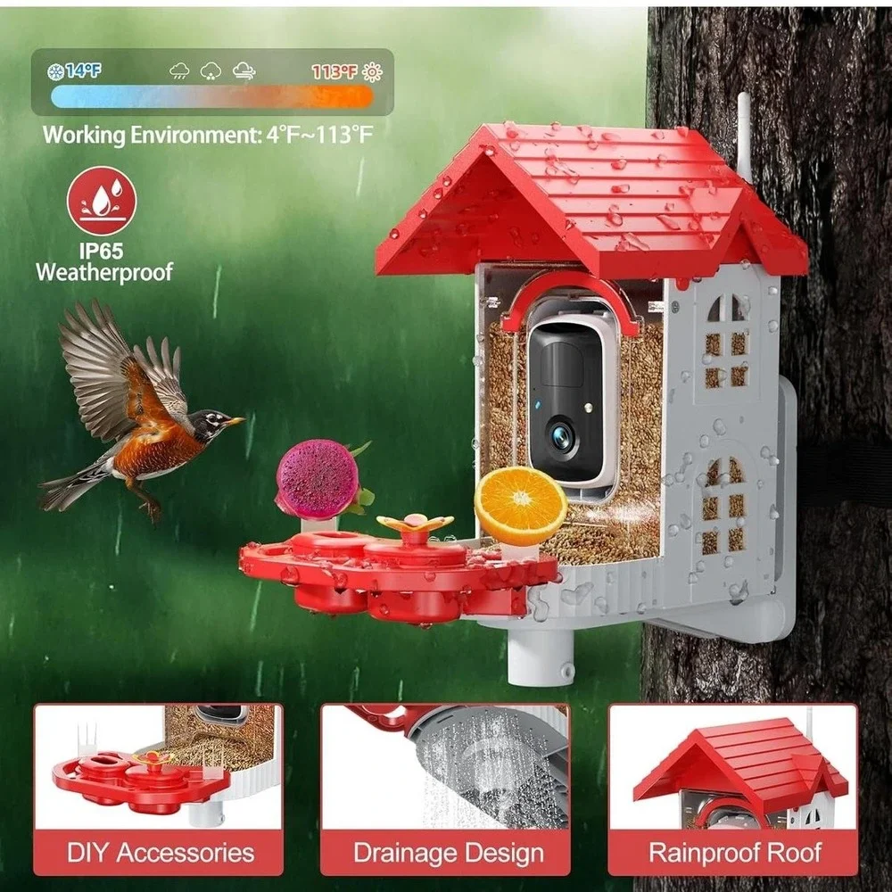 Smart Bird Feeder Camera FB-A08 2K WiFi Solar Powered AI Night Vision Red